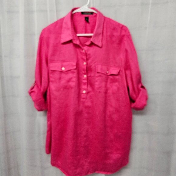 Lauren Ralph Lauren Pink Popover Linen Blouse Preppy Minimalist Beach Summer 2X - Picture 7 of 10